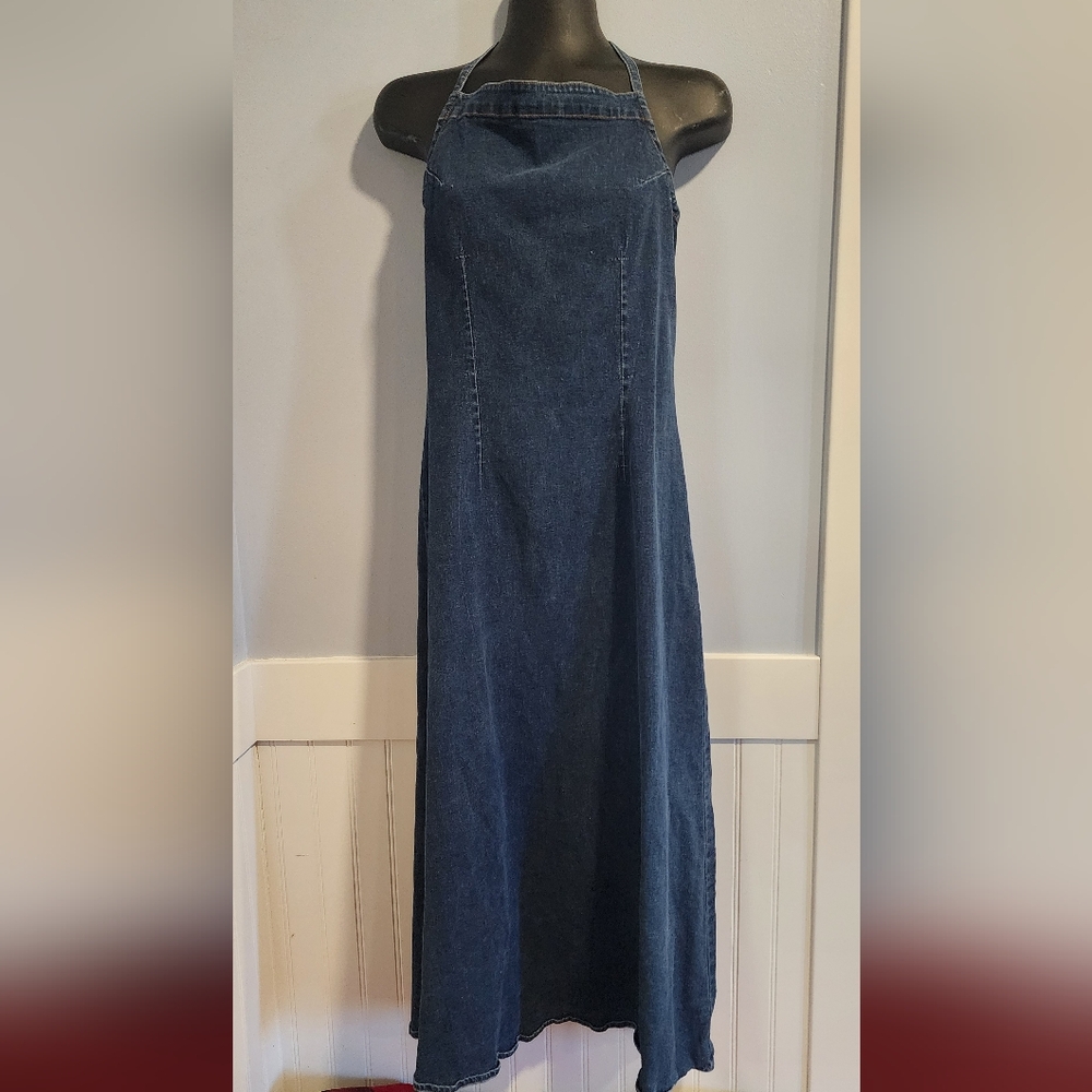 Vintage Moda International Blue Denim Maxi Dress Petite Size 8. DENIM TIE UP